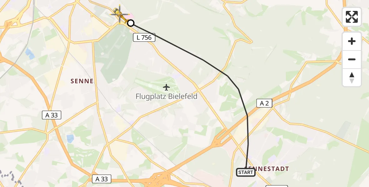 Flugroute Rettungshubschrauber Bielefeld - Luftrettungszentrum Bielefeld, 08 Juli 2026, 07:27