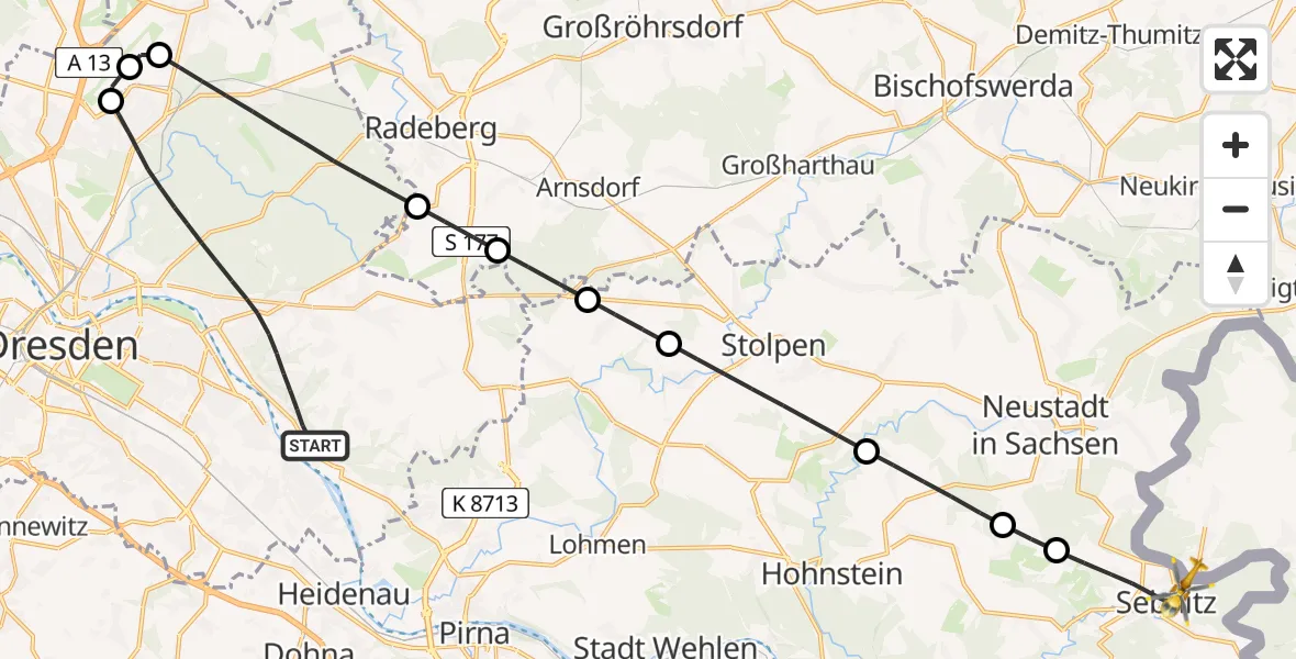 Flugroute Rettungshubschrauber Dresden - Sebnitz, 08 Juli 2026, 07:28