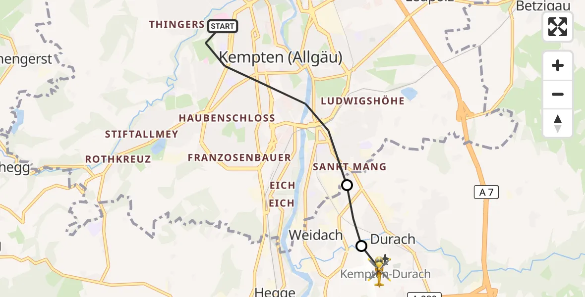 Flugroute Rettungshubschrauber Kempten (Allgäu) - Kempten-Durach Flugplatz, 08 Juli 2026, 07:29
