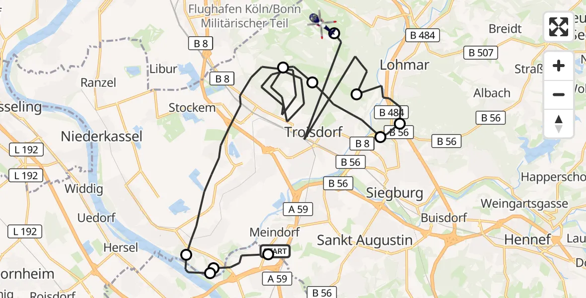 Flugroute Polizeihubschrauber Sankt Augustin - Köln Bonn Flughafen, 08 Juli 2026, 07:32