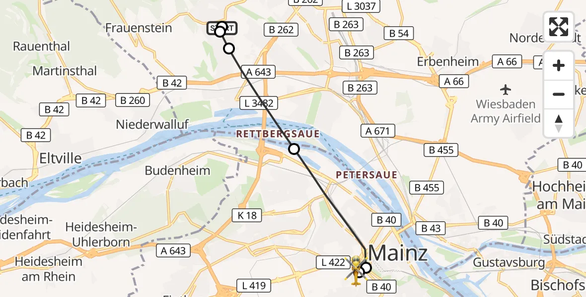 Flugroute Rettungshubschrauber Helios Horst Schmidt Clinic (HSK) - Mainz University Hospital, 08 Juli 2026, 07:34