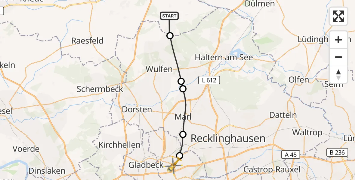 Flugroute Rettungshubschrauber Reken - Gelsenkirchen, 08 Juli 2026, 07:36