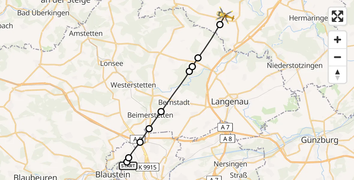 Flugroute Rettungshubschrauber Ulm Military Hospital Emergency - Gerstetten, 08 Juli 2026, 07:42