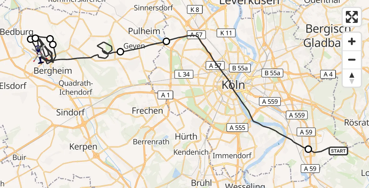 Flugroute Polizeihubschrauber Köln Bonn Flughafen - Bergheim, 08 Juli 2026, 07:48
