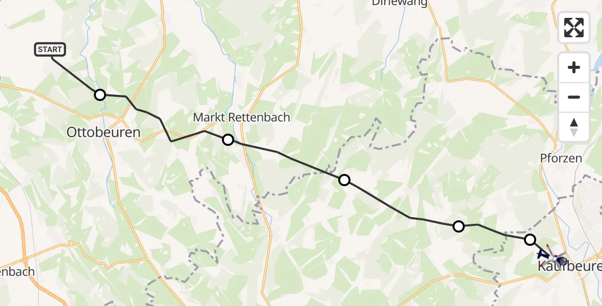 Flugroute Polizeihubschrauber Hawangen - Ostallgäu-Kaufbeuren Krankenhaus Hubschrauberlandeplatz, 08 Juli 2026, 07:50