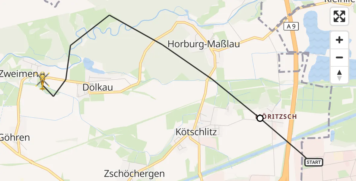 Flugroute Rettungshubschrauber ADAC Air Rescue Station Leipzig/Schkeuditz-Dölzig Hubschrauberlandeplatz (Christoph 61) - Leuna, 08 Juli 2026, 07:52