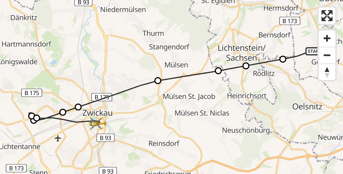 Flugroute Rettungshubschrauber Gersdorf - Zwickau, 08 Juli 2026, 07:56