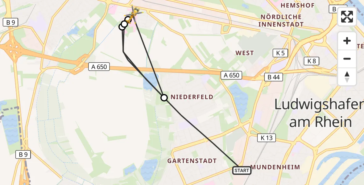 Flugroute Rettungshubschrauber Ludwigshafen am Rhein - Ludwigshafen Accident Hospital, 08 Juli 2026, 08:03
