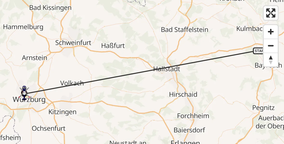 Flugroute Polizeihubschrauber Neudrossenfeld - Würzburg-Schenkenturm Flugplatz, 08 Juli 2026, 08:05