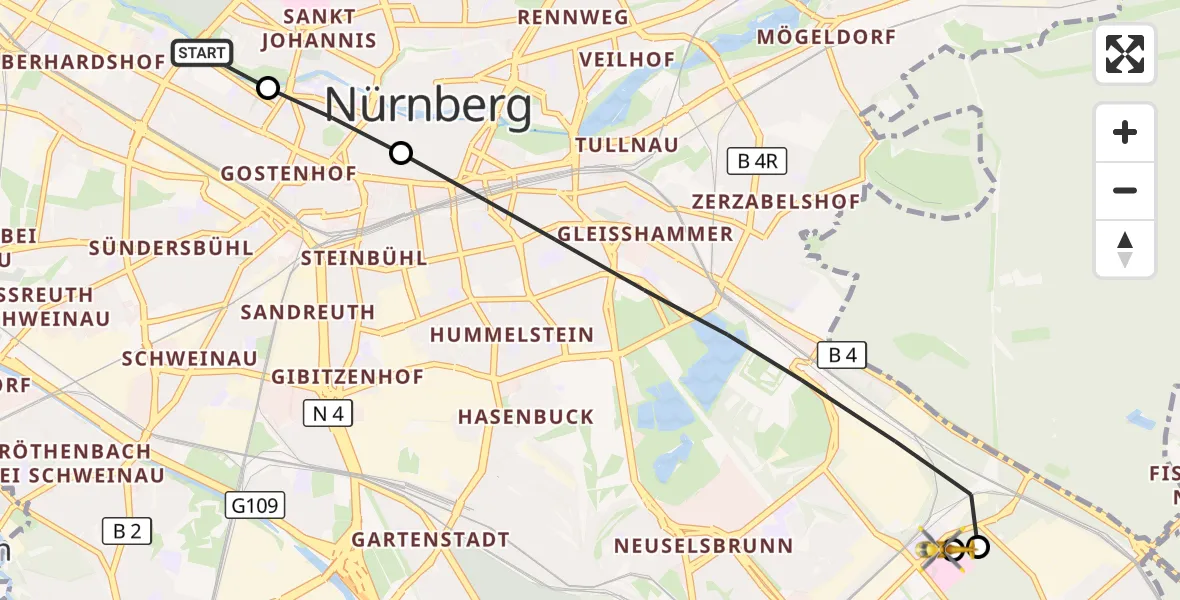 Flugroute Ambulanzhubschrauber Nürnberg - Nürnberg South Hospital, 08 Juli 2026, 08:07