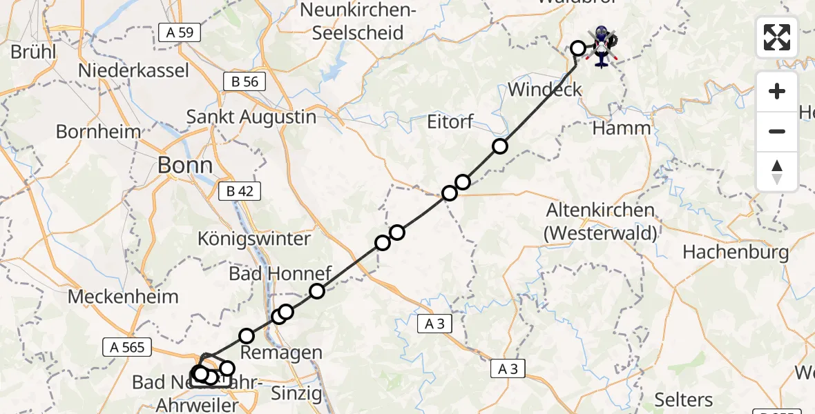 Flugroute Polizeihubschrauber Bad Neuenahr-Ahrweiler Flugplatz - Windeck, 08 Juli 2026, 08:09