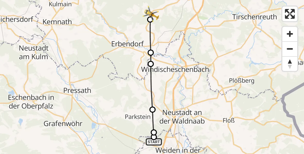 Flugroute Ambulanzhubschrauber Weiden i.d.OPf. - Friedenfels, 08 Juli 2026, 08:11