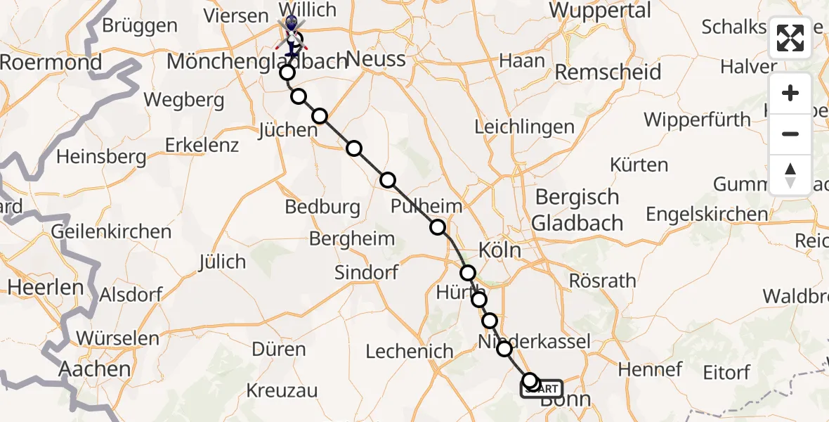 Flugroute Polizeihubschrauber Bonn - Mönchengladbach Flughafen, 08 Juli 2026, 08:12