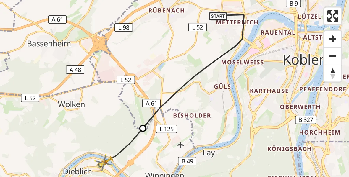 Flugroute Rettungshubschrauber Koblenz - Dieblich, 08 Juli 2026, 08:14