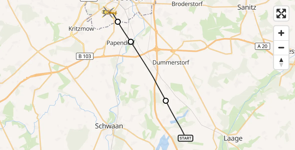 Flugroute Rettungshubschrauber Dolgen am See - Rostock, 08 Juli 2026, 08:17