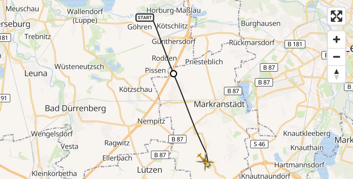 Flugroute Rettungshubschrauber Leuna - Markranstädt, 08 Juli 2026, 08:18