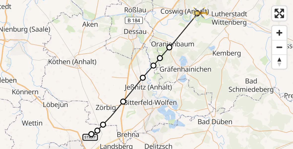 Flugroute Rettungshubschrauber Halle-Oppin Flugplatz - Wittenberg, 08 Juli 2026, 08:19