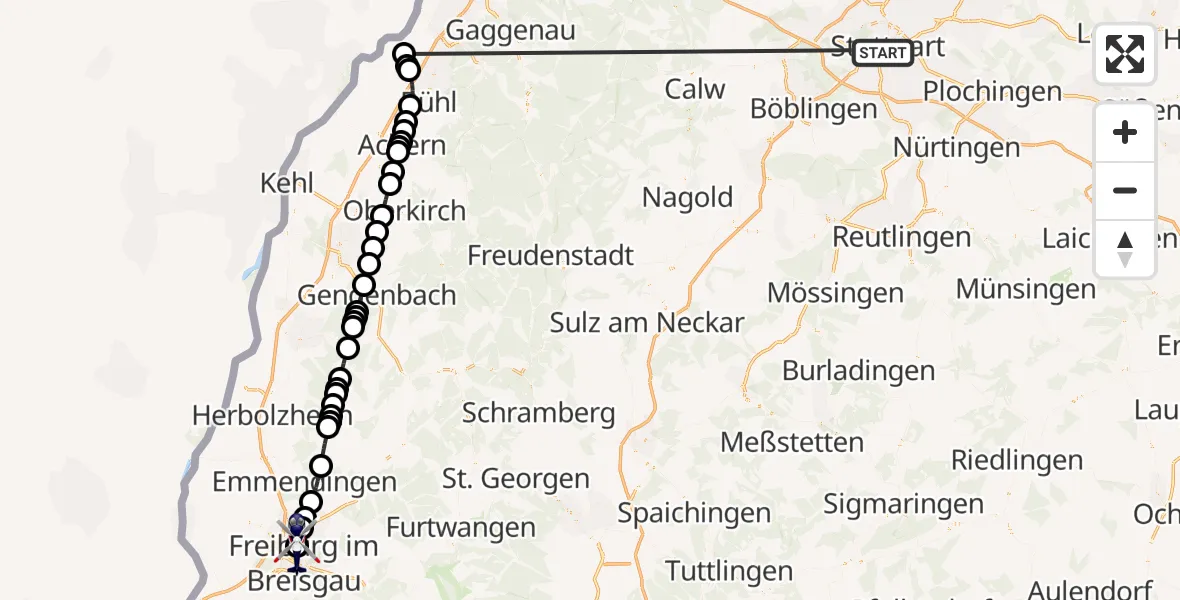 Flugroute Polizeihubschrauber Stuttgart - Freiburg im Breisgau Flugplatz, 08 Juli 2026, 08:20