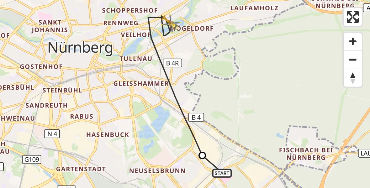 Flugroute Ambulanzhubschrauber Nürnberg South Hospital - Nürnberg, 08 Juli 2026, 08:28