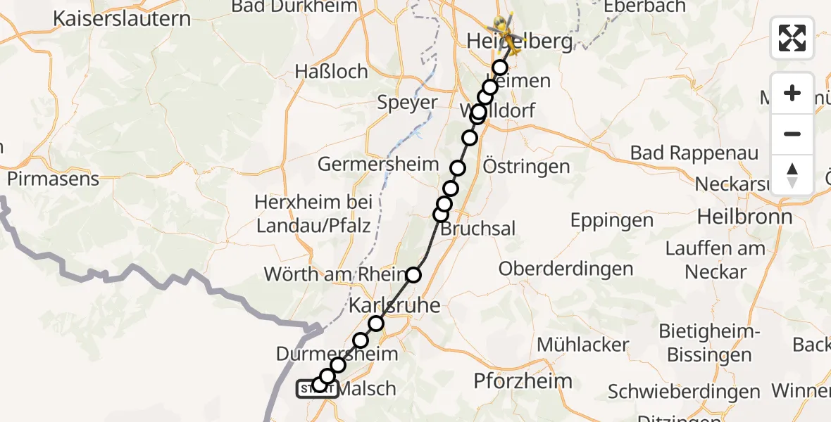 Flugroute Ambulanzhubschrauber Rastatt - Heidelberg, 08 Juli 2026, 08:39