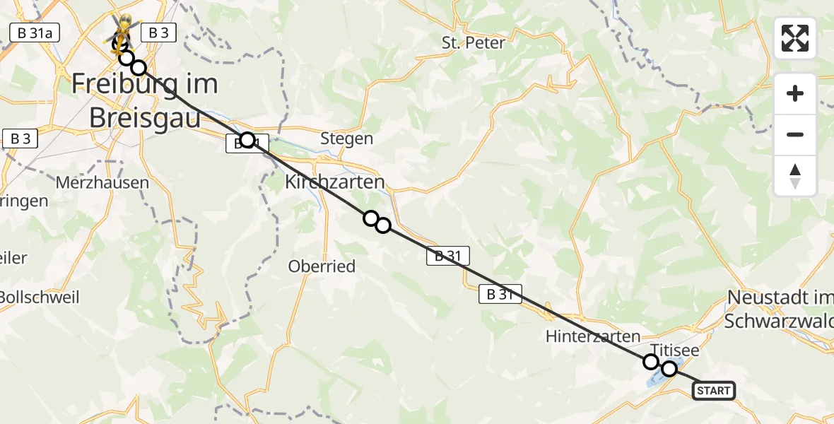 Flugroute Rettungshubschrauber Lenzkirch - Freiburg im Breisgau Flugplatz, 08 Juli 2026, 08:44