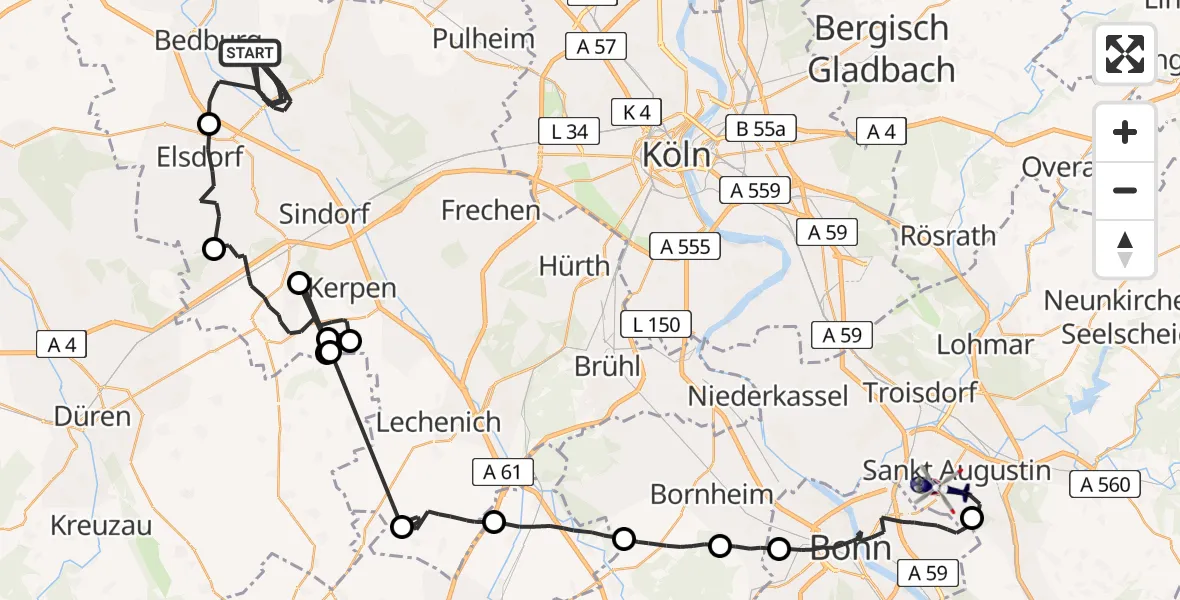 Flugroute Polizeihubschrauber Bergheim - Sankt Augustin, 08 Juli 2026, 08:46