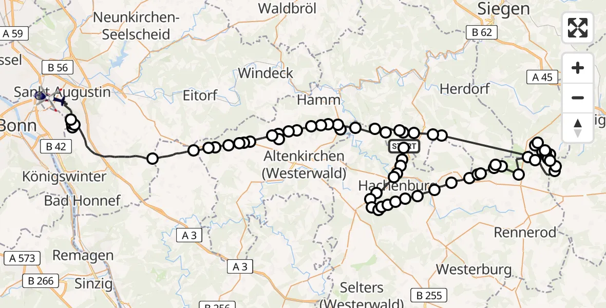 Flugroute Polizeihubschrauber Rosenheim (Landkreis Altenkirchen) - Bonn-Hangelar Flugplatz, 08 Juli 2026, 08:47