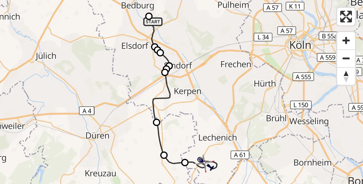 Flugroute Polizeihubschrauber Bergheim Flugplatz - Erftstadt, 08 Juli 2026, 08:47