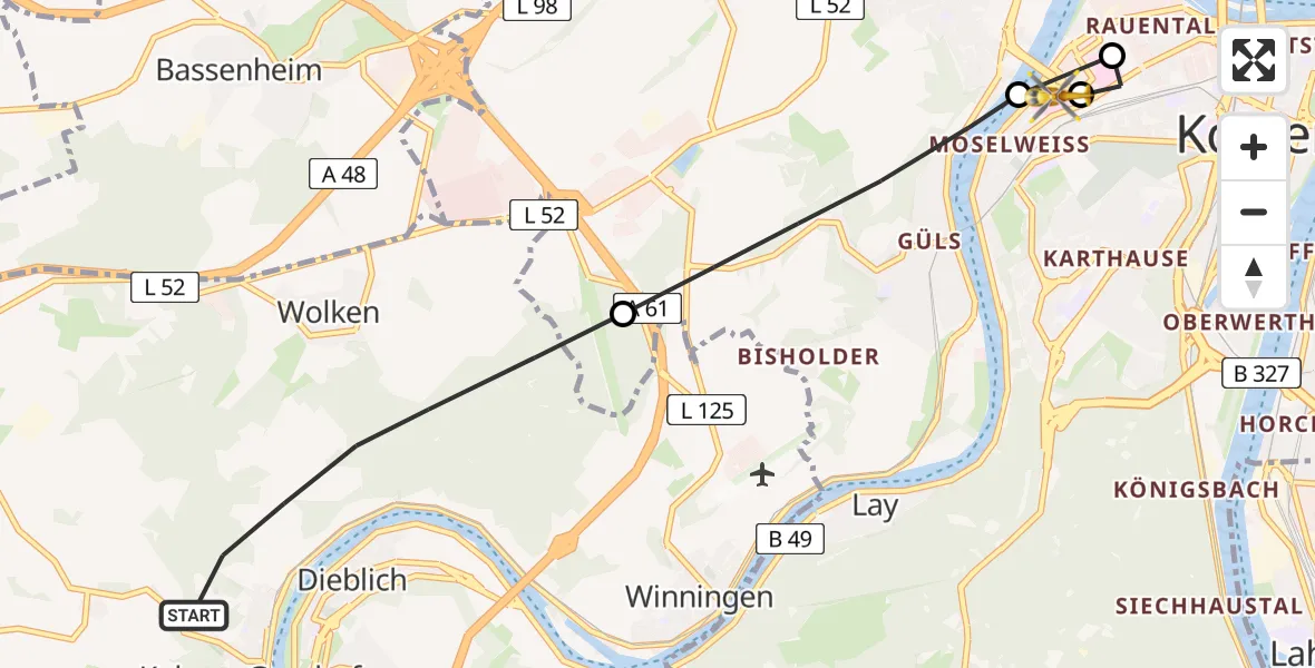 Flugroute Rettungshubschrauber Kobern-Gondorf - Kemperhof Koblenz Klinikum Hubschrauberlandeplatz, 08 Juli 2026, 08:47