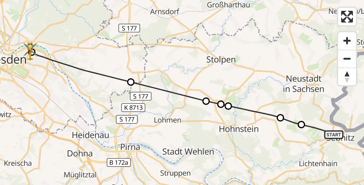 Flugroute Rettungshubschrauber Sebnitz - Dresden University Hospital, 08 Juli 2026, 08:48