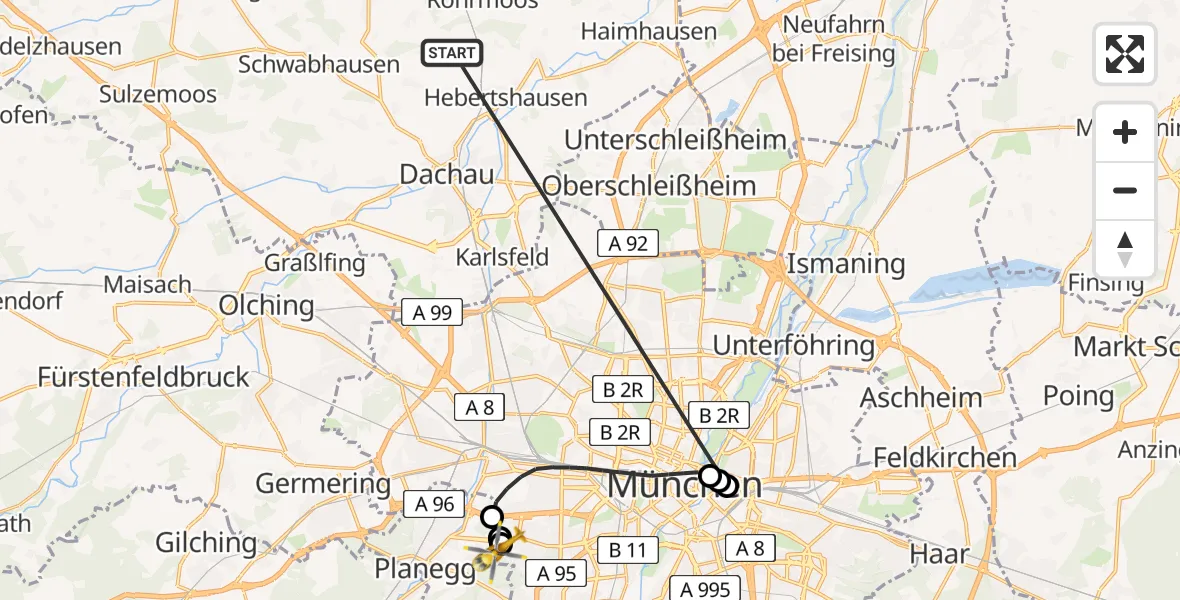 Flugroute Rettungshubschrauber Röhrmoos - DRF Air Rescue München Hubschrauberlandeplatz, 08 Juli 2026, 08:51