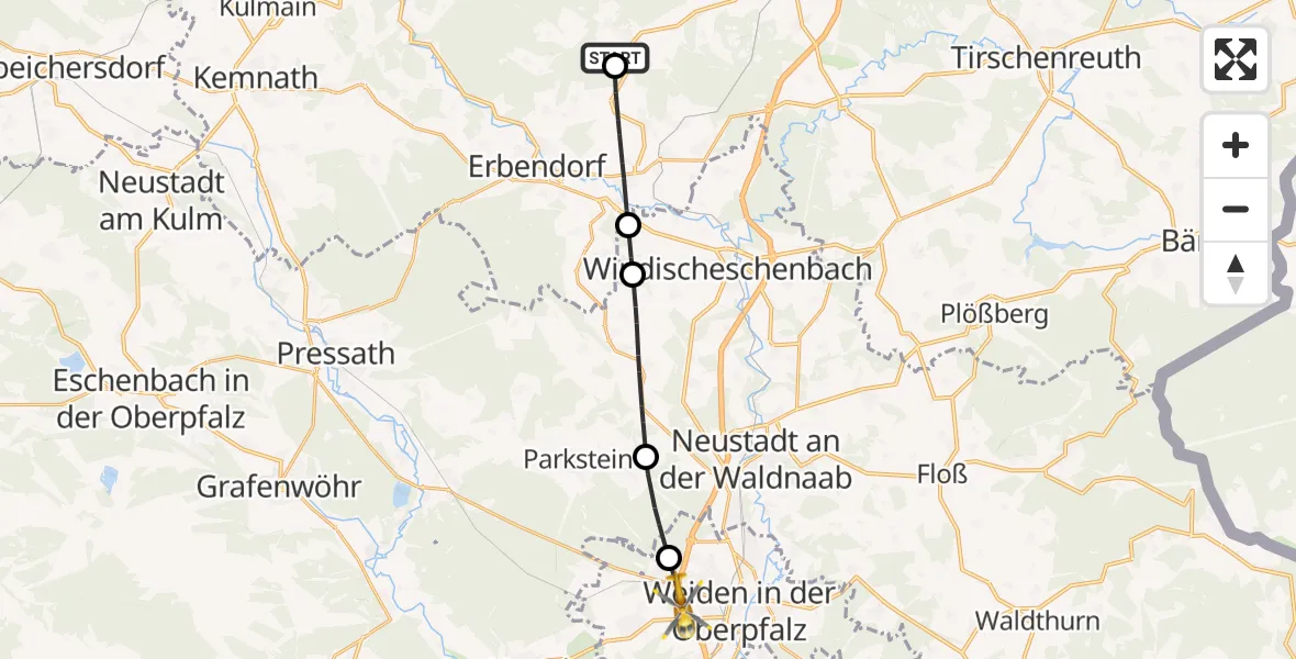 Flugroute Ambulanzhubschrauber Friedenfels - Weiden i.d.OPf., 08 Juli 2026, 08:52