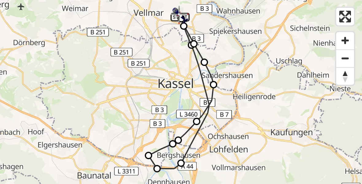 Flugroute Polizeihubschrauber Fuldatal Bundespolizei Hubschrauberlandeplatz - Fuldatal Bundespolizei Hubschrauberlandeplatz, 08 Juli 2026, 08:53