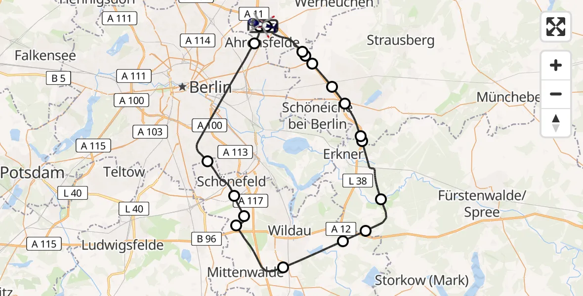 Flugroute Polizeihubschrauber Ahrensfelde Hubschrauberlandeplatz - Ahrensfelde Hubschrauberlandeplatz, 08 Juli 2026, 08:54