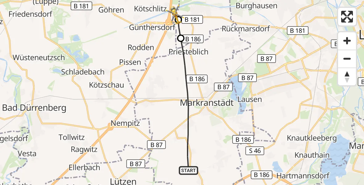 Flugroute Rettungshubschrauber Markranstädt - ADAC Air Rescue Station Leipzig/Schkeuditz-Dölzig Hubschrauberlandeplatz (Christoph 61), 08 Juli 2026, 09:01
