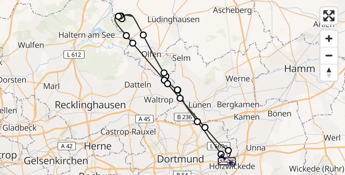 Flugroute Polizeihubschrauber Dortmund Flughafen - Dortmund Flughafen, 08 Juli 2026, 09:02