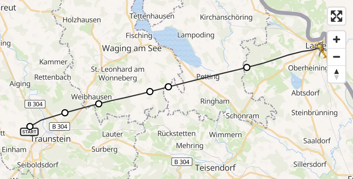 Flugroute Rettungshubschrauber Traunstein Hospital - Laufen, 08 Juli 2026, 09:04