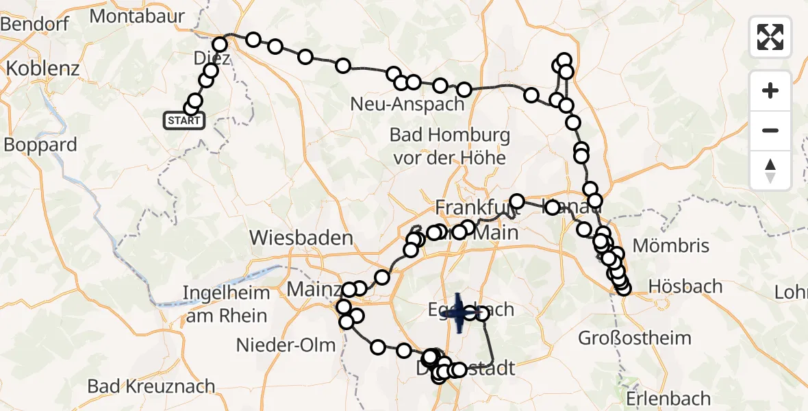 Flugroute Polizeiflugzeug Ergeshausen - Flughafen Frankfurt-Egelsbach, 08 Juli 2026, 09:08