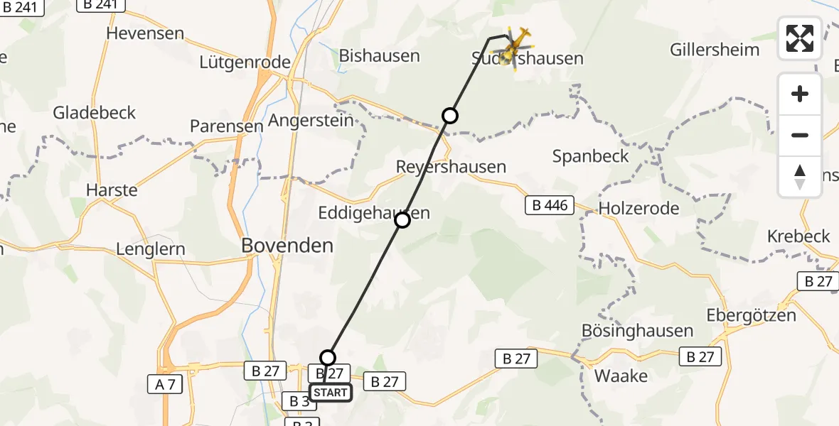 Flugroute Rettungshubschrauber Göttingen University Clinic Hubschrauberlandeplatz - Nörten-Hardenberg, 08 Juli 2026, 09:10