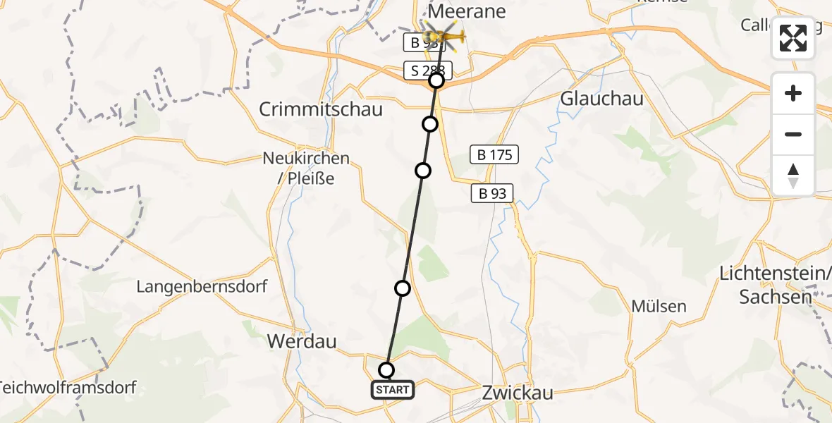 Flugroute Rettungshubschrauber ADAC Air Rescue Station Zwickau Hubschrauberlandeplatz - Meerane, 08 Juli 2026, 09:22