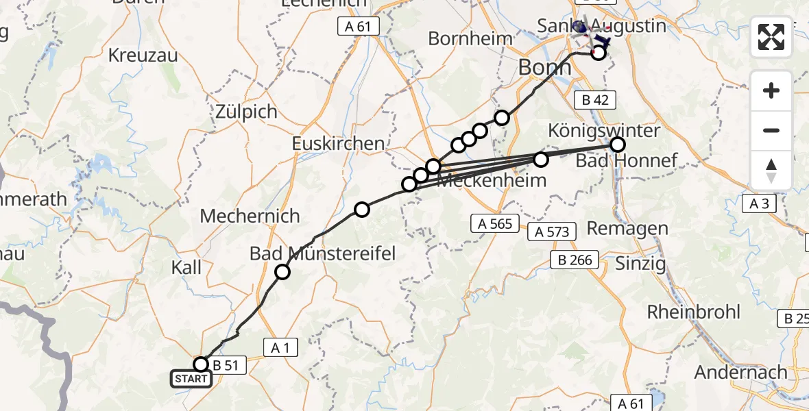 Flugroute Polizeihubschrauber Dahlem - Sankt Augustin, 08 Juli 2026, 09:23