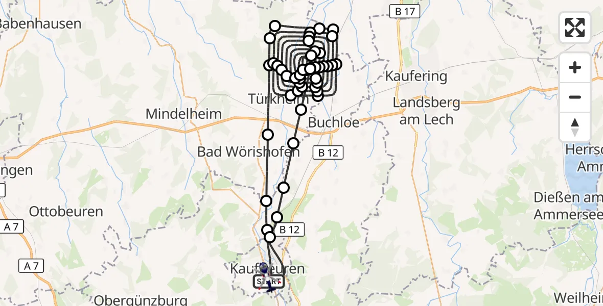 Flugroute Polizeihubschrauber Kaufbeuren - Kaufbeuren, 08 Juli 2026, 09:25