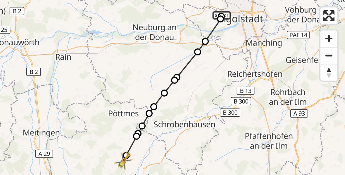 Flugroute Rettungshubschrauber Ingolstadt Hospital - Hollenbach, 08 Juli 2026, 09:26