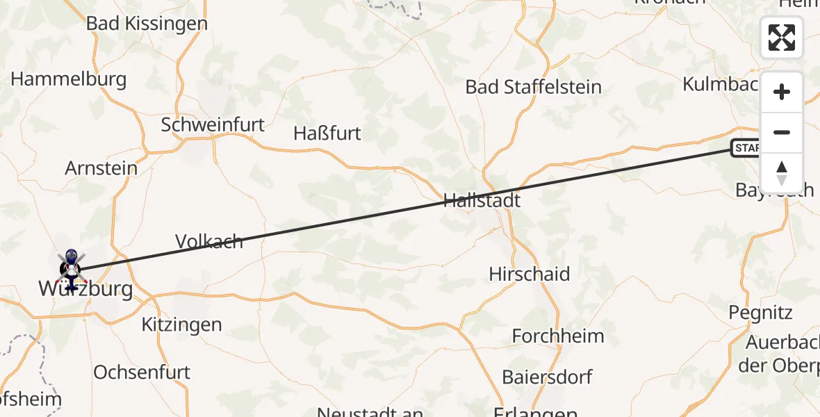 Flugroute Polizeihubschrauber Neudrossenfeld - Würzburg-Schenkenturm Flugplatz, 08 Juli 2026, 09:28