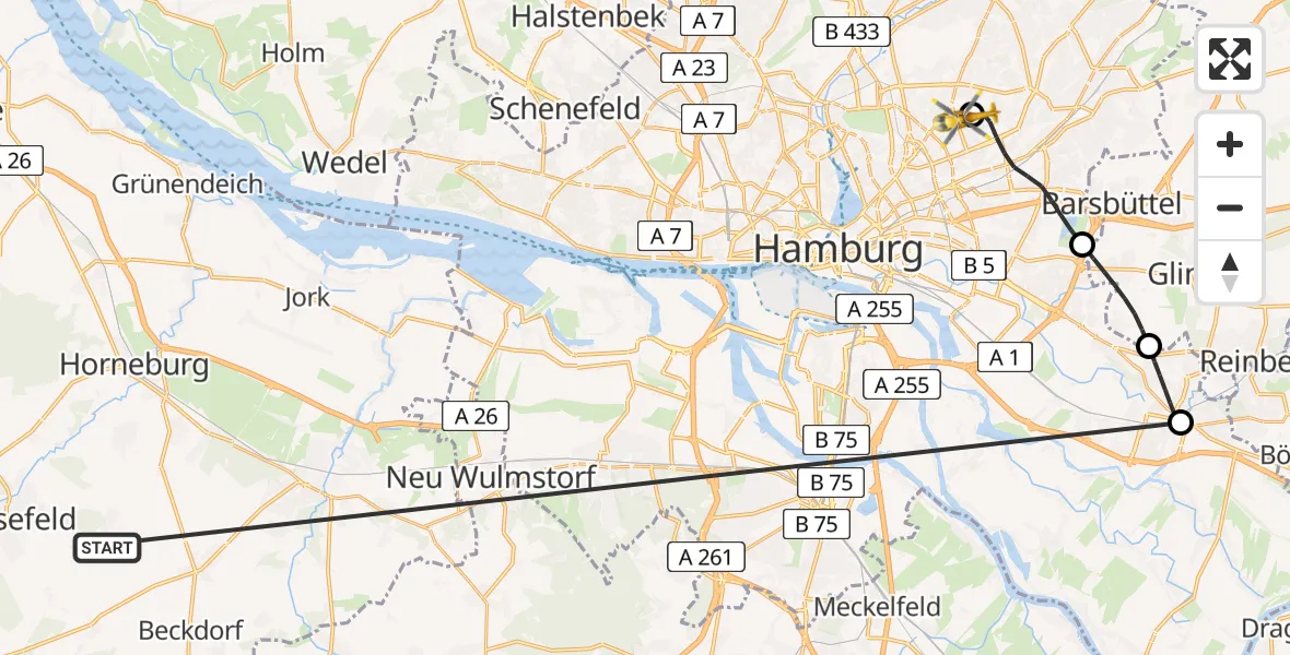Flugroute Rettungshubschrauber Harsefeld - Hamburg Military Hospital, 08 Juli 2026, 09:29