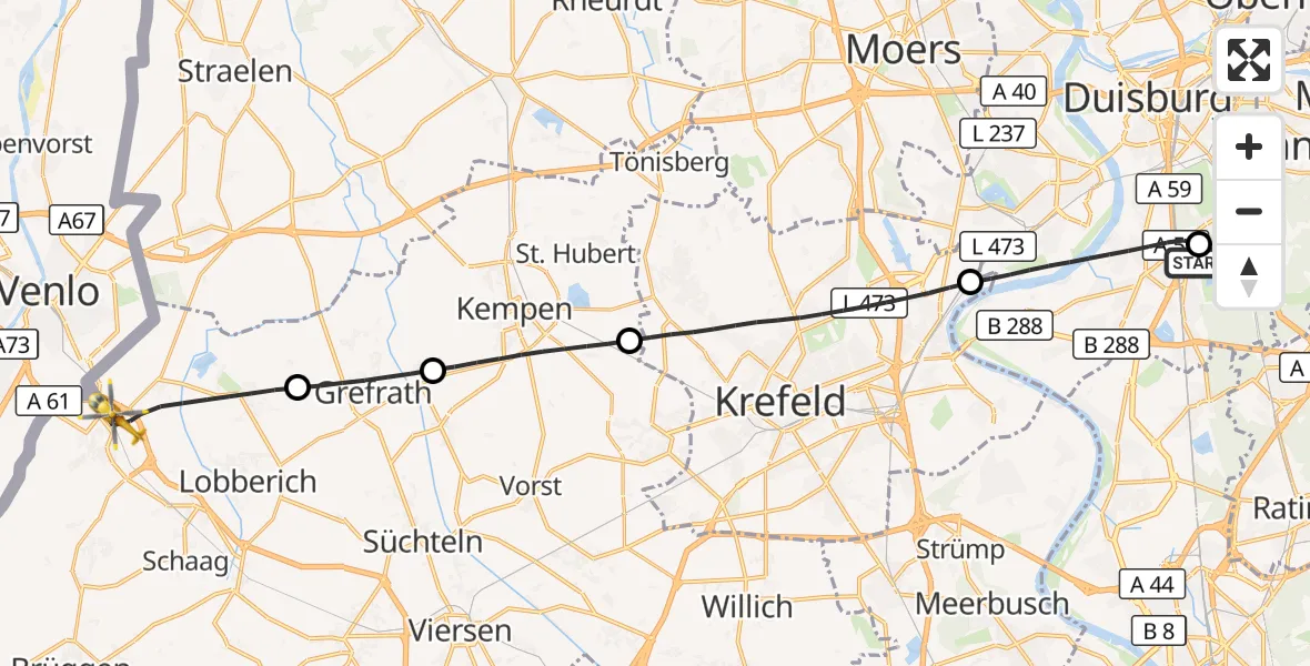 Flugroute Rettungshubschrauber Duisburg Air Rescue Hubschrauberlandeplatz (Christoph 9) - Nettetal, 08 Juli 2026, 09:31