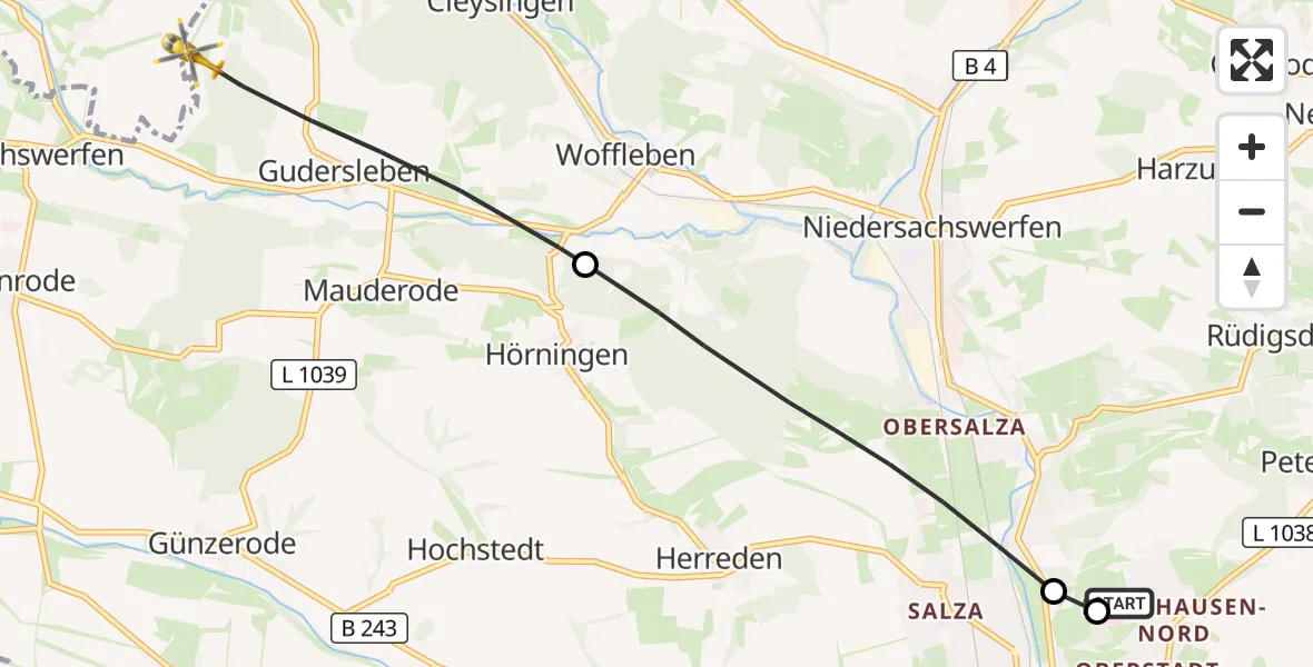 Flugroute Rettungshubschrauber Südharz Hospital Nordhausen - Ellrich, 08 Juli 2026, 09:38