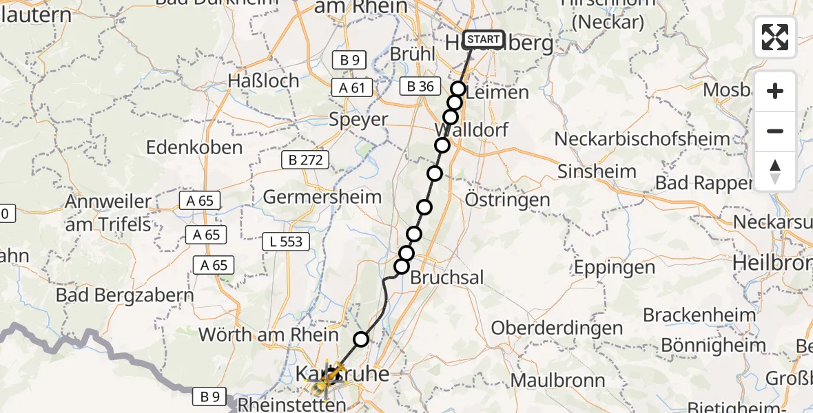 Flugroute Ambulanzhubschrauber Heidelberg - Sankt Vincentius Hospital, 08 Juli 2026, 09:41