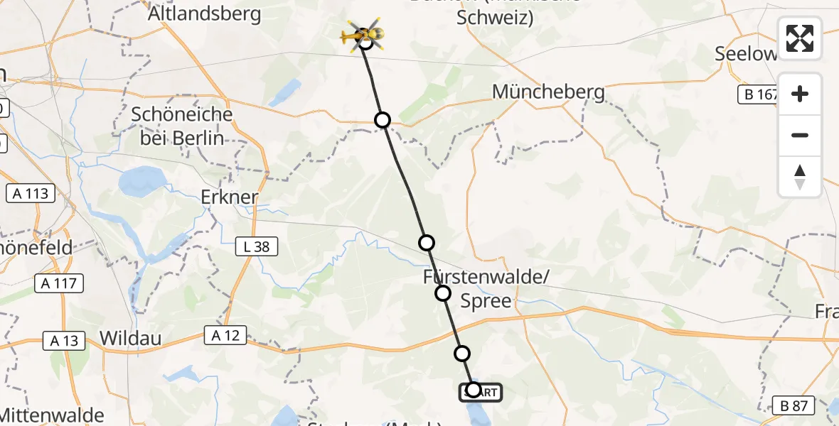 Flugroute Rettungshubschrauber Bad Saarow Hospital - Garzau-Garzin, 08 Juli 2026, 09:41