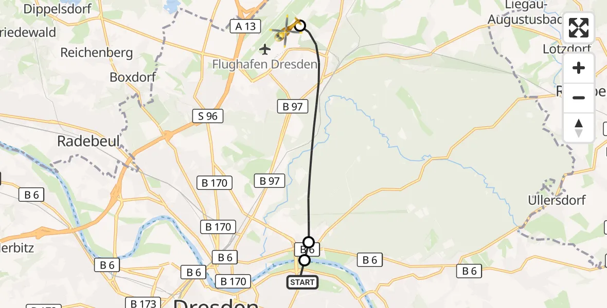 Flugroute Rettungshubschrauber Dresden University Hospital - Dresden Bundespolizei Hubschrauberlandeplatz, 08 Juli 2026, 09:43